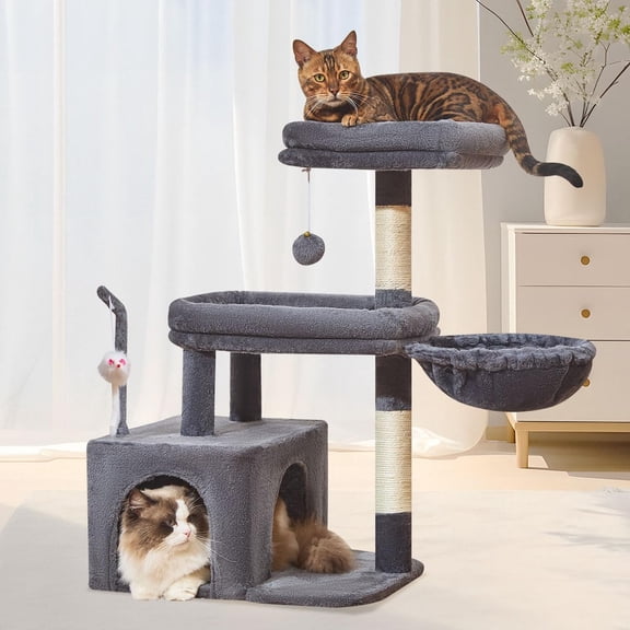 MS043G Tree, 32.2-Inch Tower for Indoors Cats, Condo with Large Perch, Spacious Cave, Posts for Small and Medium Cats, Smoky Gray