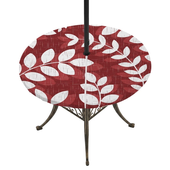 Round Outdoor Tablecloth with Umbrella Hole and Zipper, Burgundy Leaves Tablecloth with Elastic Waterproof, Farmhouse Botanical Branch Vintage Modern Patio Table Covers for 55" - 60" Pool Tables