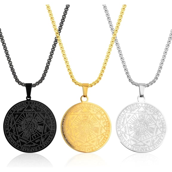 3pcs Archangels Pendant Necklaces - Stainless Steel Seven Princes of Heaven Seal of the Archangel Michael Coin Pendant Medal with Chain for Men and Women Protection Amulet
