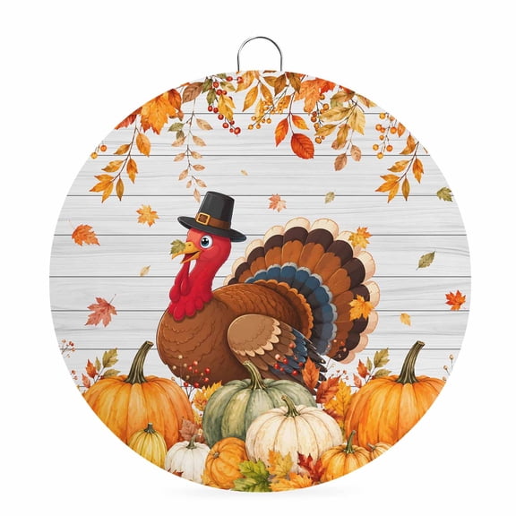 Welcome Sign for Front Door, Thanksgiving Round Metal Wall Art Wreaths, Fall Turkey Pumpkin Maple Leaves Wooden Grain Outdoor Indoor Wall Hanging Sign for Porch Decor Housewarming Gifts 5.9 Inch