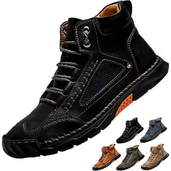 Sawbehind Men's Comfortable Handmade Leather Boots, Men's Casual Leather Handmade Non-Slip Arch Support Sneakers