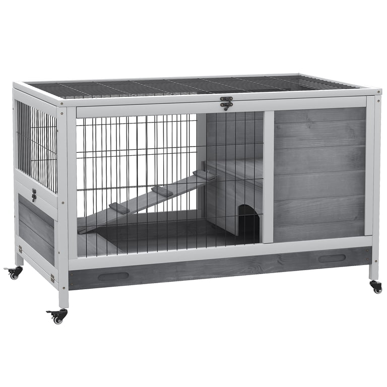 Pawhut Wooden Indoor Rabbit Hutch with Wheels, Gray photo 2