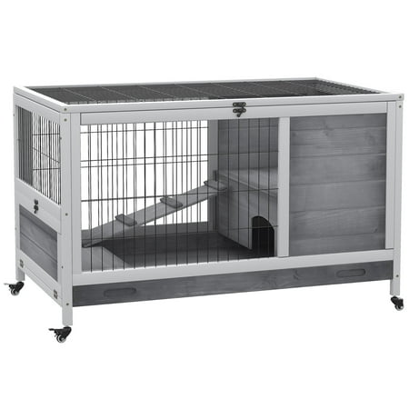 UPC: 0842525145565 | Pawhut Wooden Indoor Rabbit Hutch Elevated Cage Habitat with Enclosed Run with Wheels  Ideal for Rabbits and Guinea Pigs