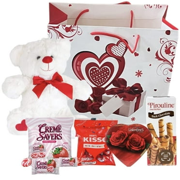 Valentines Day Gift Basket Set | Teddy Bear Plush (Color Varys), Creme Savers Hard Candy, Individually Wrapped, Hershey Kisses Milk Chocolate, Heart Shape Elmer Chocolates Dark Chocolate Or Hazel