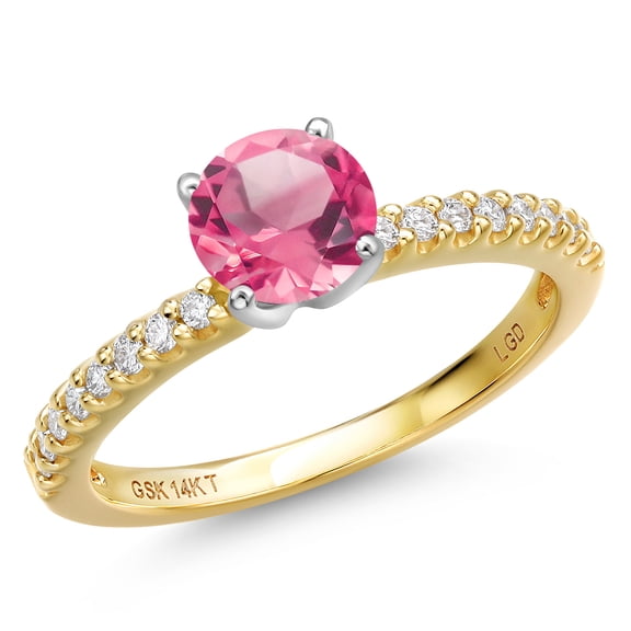 Gem Stone King 14K Two Tone Gold Pink Mystic Topaz and Lab Grown Diamond Engagement Ring for Women | 1.66 Cttw | Round 6MM | Gemstone November Birthstone | Size 9