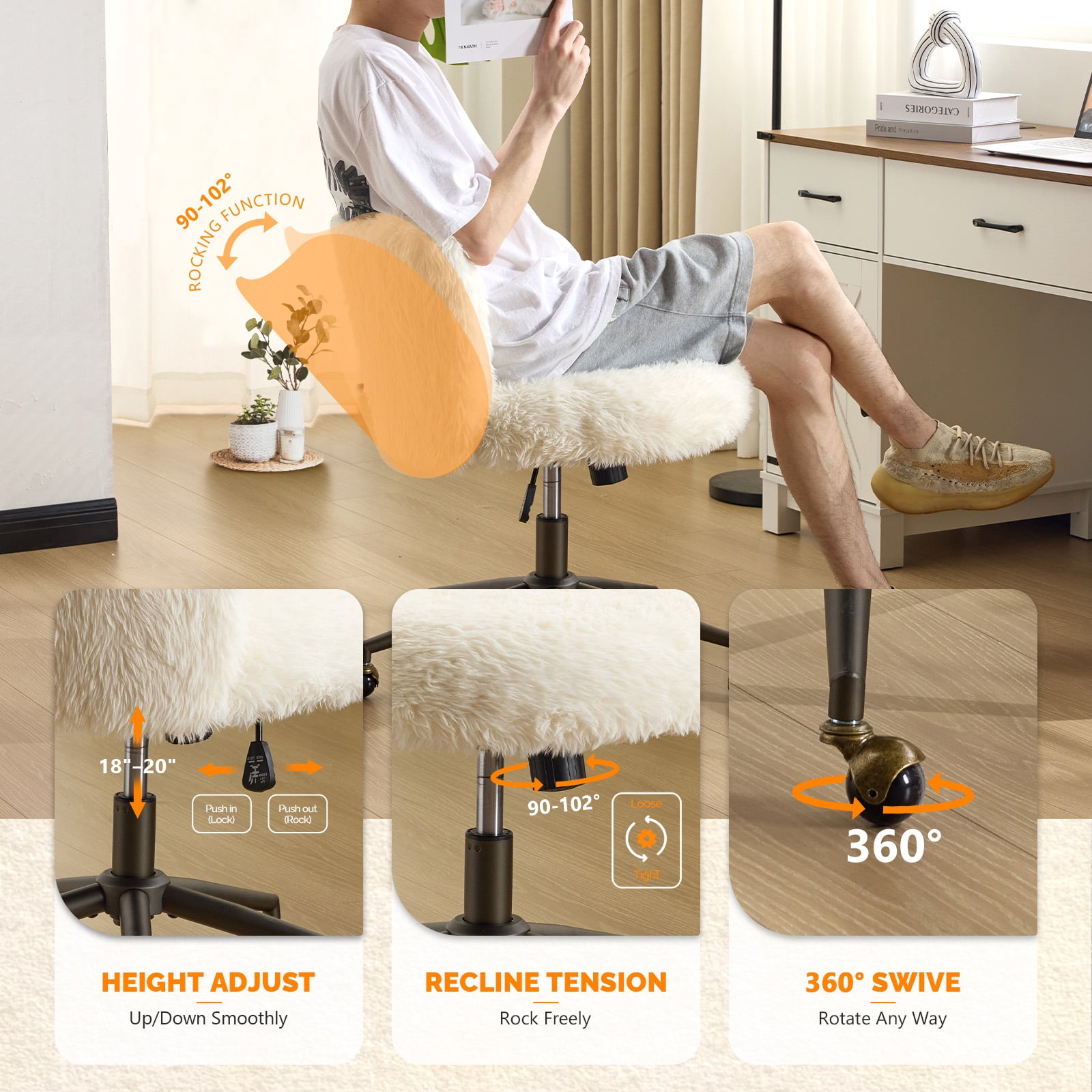 Ktaxon Vanity Chair, Adjustable Desk Chair with Metal Base and Swiveel Casters, Long Pile Fabric Makeup Chair for Women, Ideal for Office,Study and Home White