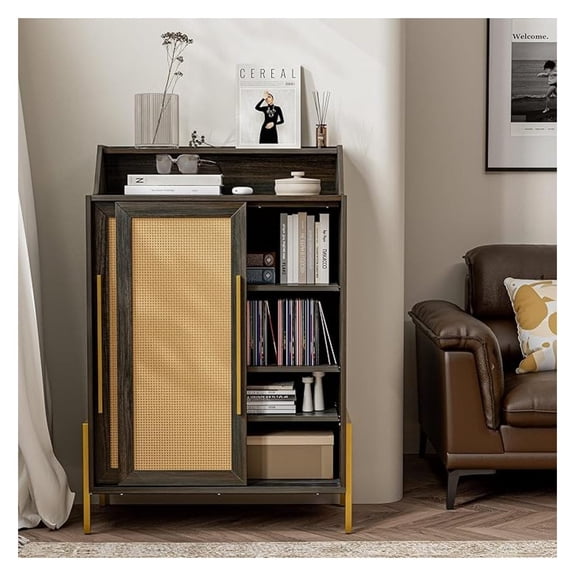 Storage Cabinet, Buffet Sideboard with Rattan Sliding Doors and Adjustable Shelf, Shoe Rack for Entryway, Sideboard Cabinet Accent Cabinet for Living Room and Bathroom - Dana(Brown)