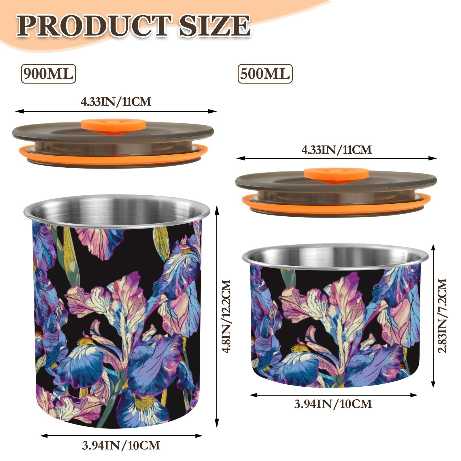Iris Flower Boho Airtight Coffee Bean Canister 30oz Food Storage Containers with Lids For Gournd, Tea, Sugar, Flour, Rice, Cereal, Candy Cookie Jar