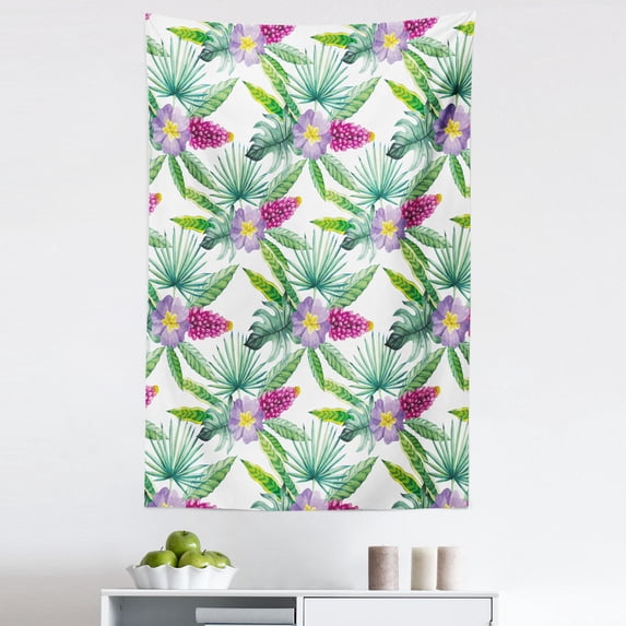 Watercolor Tapestry, Refreshing Print of Tropical Flowers and Leaves, Fabric Wall Hanging Decor for Bedroom Living Room Dorm, 5 Sizes, Multicolor, by Ambesonne