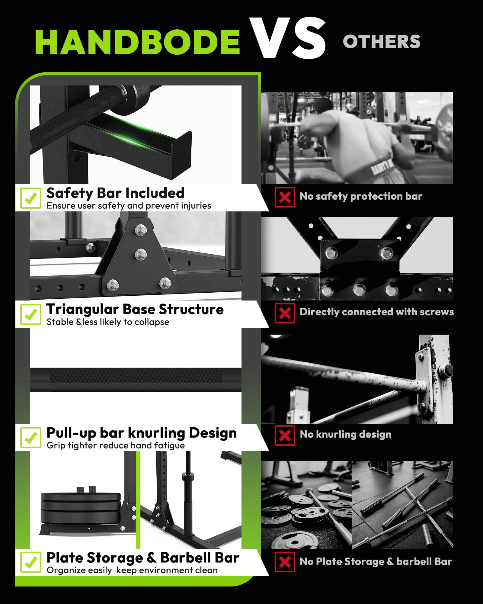 HANDBODE Power Cage with Pull Up Bar, Multi-Functional Squat Rack for Home Gym, Heavy Capacity Adjustable Power Rack Fit 6 FT, 7 FT Barbell, Weightlifting, Strength Training, Bench Press, Fitness