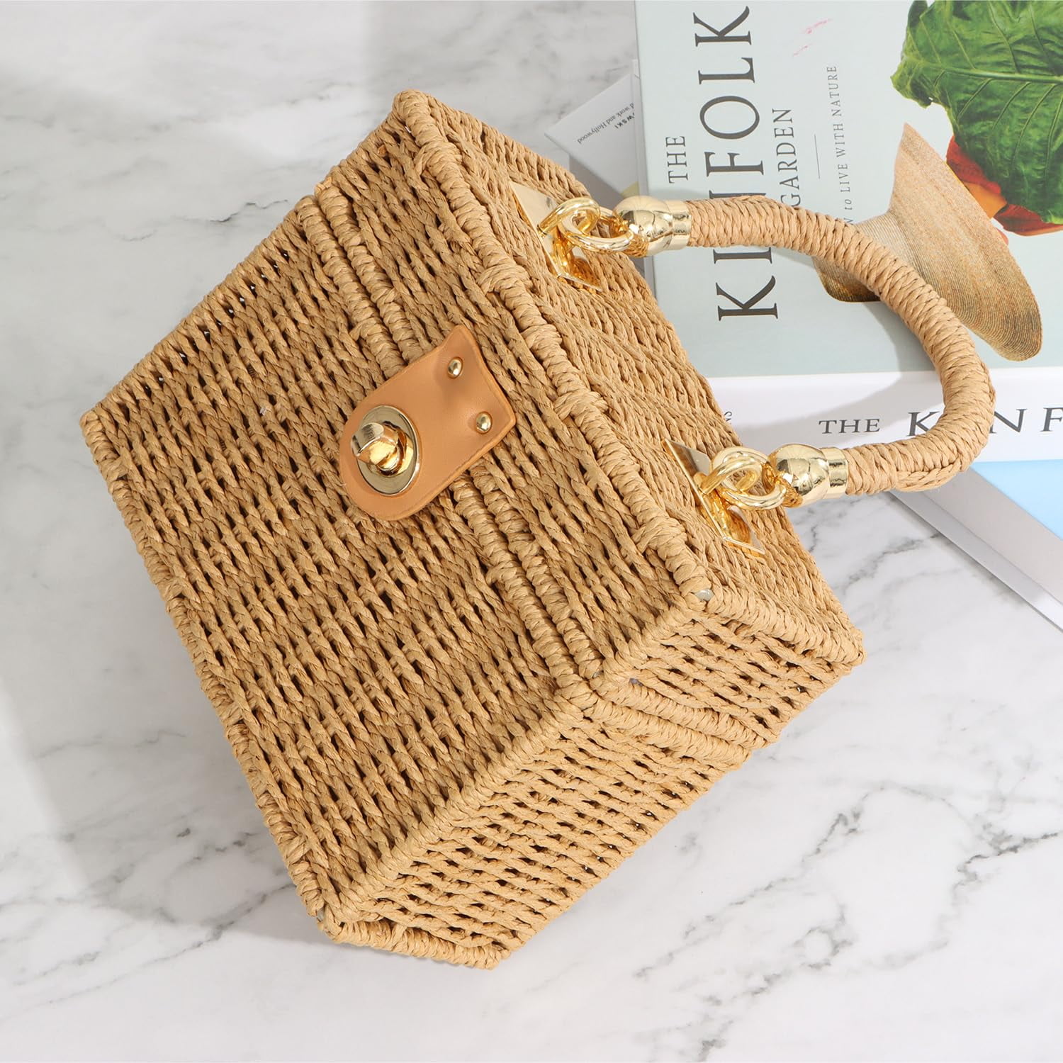 Rattan Purse for Women Summer Tote Handbag Woven Bakset Crossbody Bag Trendy Beach Top Handle Bag