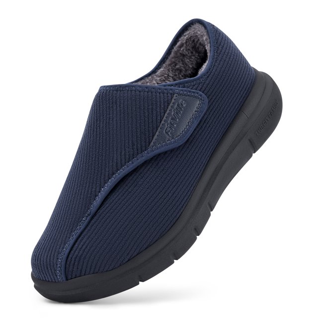 Fitville zapatos de casa de felpa para hombres con zapatos de algodón para diabéticos, zapatos de invierno con correa ajustable ensanchada, cálidos y gruesos antideslizantes