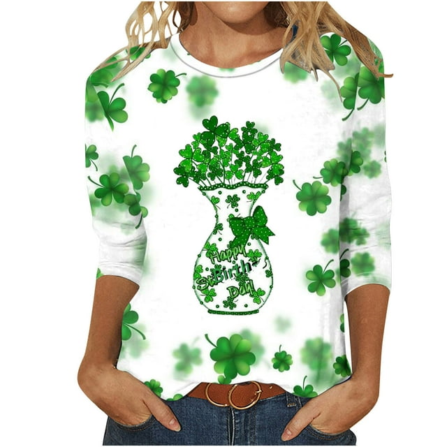 lcziwo T-Shirts de la Saint-Patrick pour Femmes Imprimé Vert Top Graphique Trèfle Irlandais Manches 3/4 Tops Printemps 2024 Blouses Col Rond Tunique Chanceuse T-Shirt Grande Taille,S-5TG TG