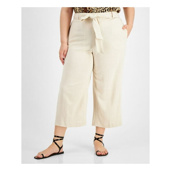 BAR III Womens Beige Pocketed Belted Straight Cropped High Waist Pants Plus 14W