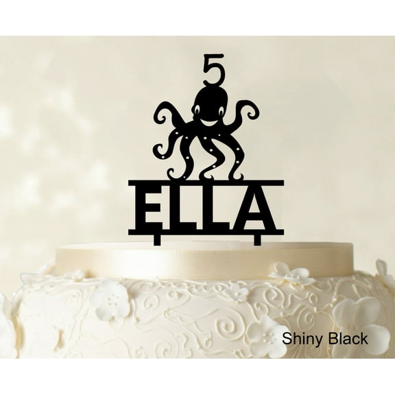"""Birthday Custom Name Cake Topper"" With Octopus Figure Shiny Black Cake Topper Cake Decorations Color Option Available 6""-7"" Inches Wide"