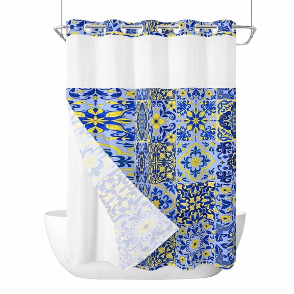 No Hook Vintage Boho Shower Curtain with Snap in Liner Set, Middle Century Bohemia Style Patchwork Blue Waterproof Fabric Bathroom Curtains with See Through Top Window, Hotel Style Long 72 x 84 Inch