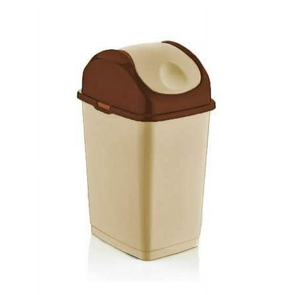 Superio 9 Gallon Plastic Trash Can with Swing Top Lid, Waste Bin for Under Desk, Office, Bedroom, Bathroom- 10 Qt, Beige/ Brown
