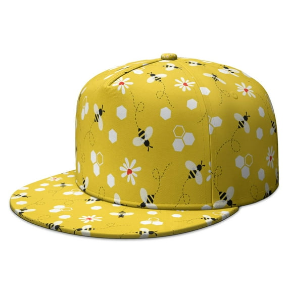 Queen Bee Flat Brim Hat - Cartoon Honeycomb Pattern Snapback Cap - Adjustable Streetwear Fashion for Men & Women - Bee Themed Gift Idea