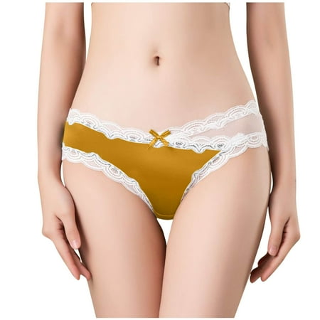 Virmaxy Alluring See Through Seamless Thongs for Women Alluring Lace Mid Low Waist Silk Love Mesh Pants Briefs Gold M