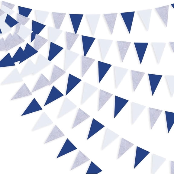 30Ft 3Pcs Navy Blue White Silver Metallic Glitter Paper Triangle Banner Flag Garland Pennant Bunting for Graduation Birthday Wedding Bridal Shower Nautical Ahoy Achor Theme Party Decorations Supplies