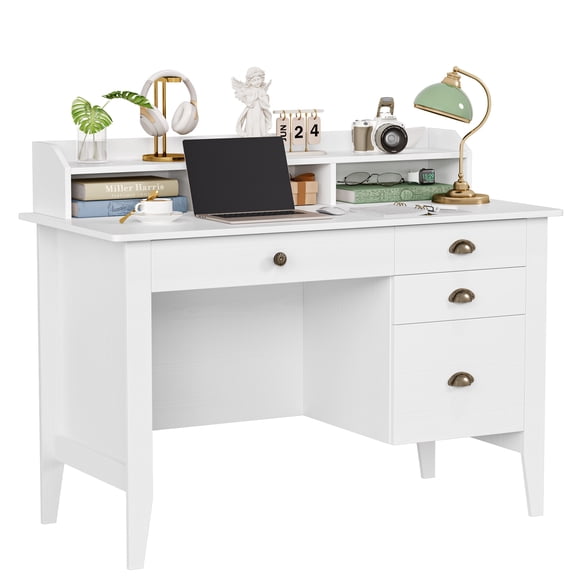 Homfa 47 in Computer Desk, Home Office Writing Table with 4 Drawers and Hutch Shelf, White