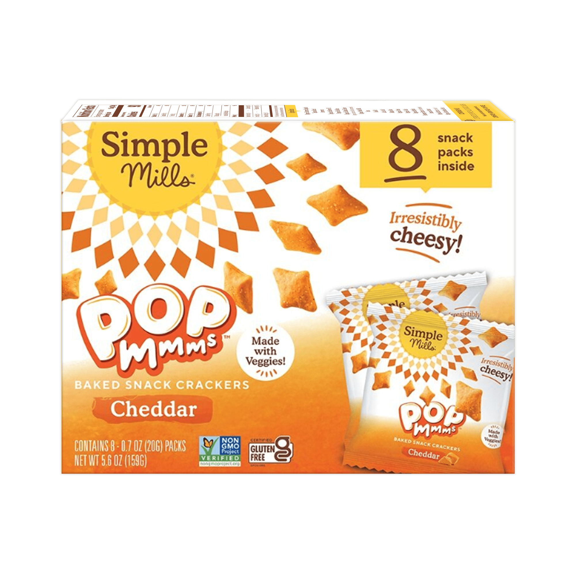 (4 pack) Simple Mills Pop Mmms Cheddar Veggie Flour Baked Snack Crackers Snack Pack, .7 oz, 8 pack