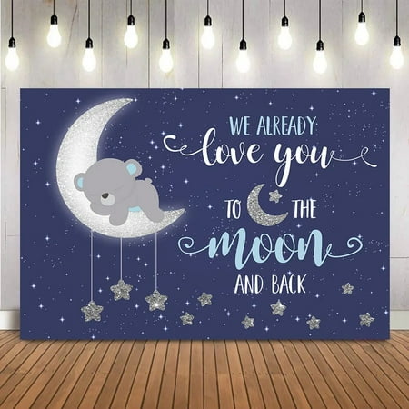 Image of Bear Baby Shower Backdrop Dark Blue Sky Photo Background Love you to the moon and back Decorations Gender Neutral Baby Shower