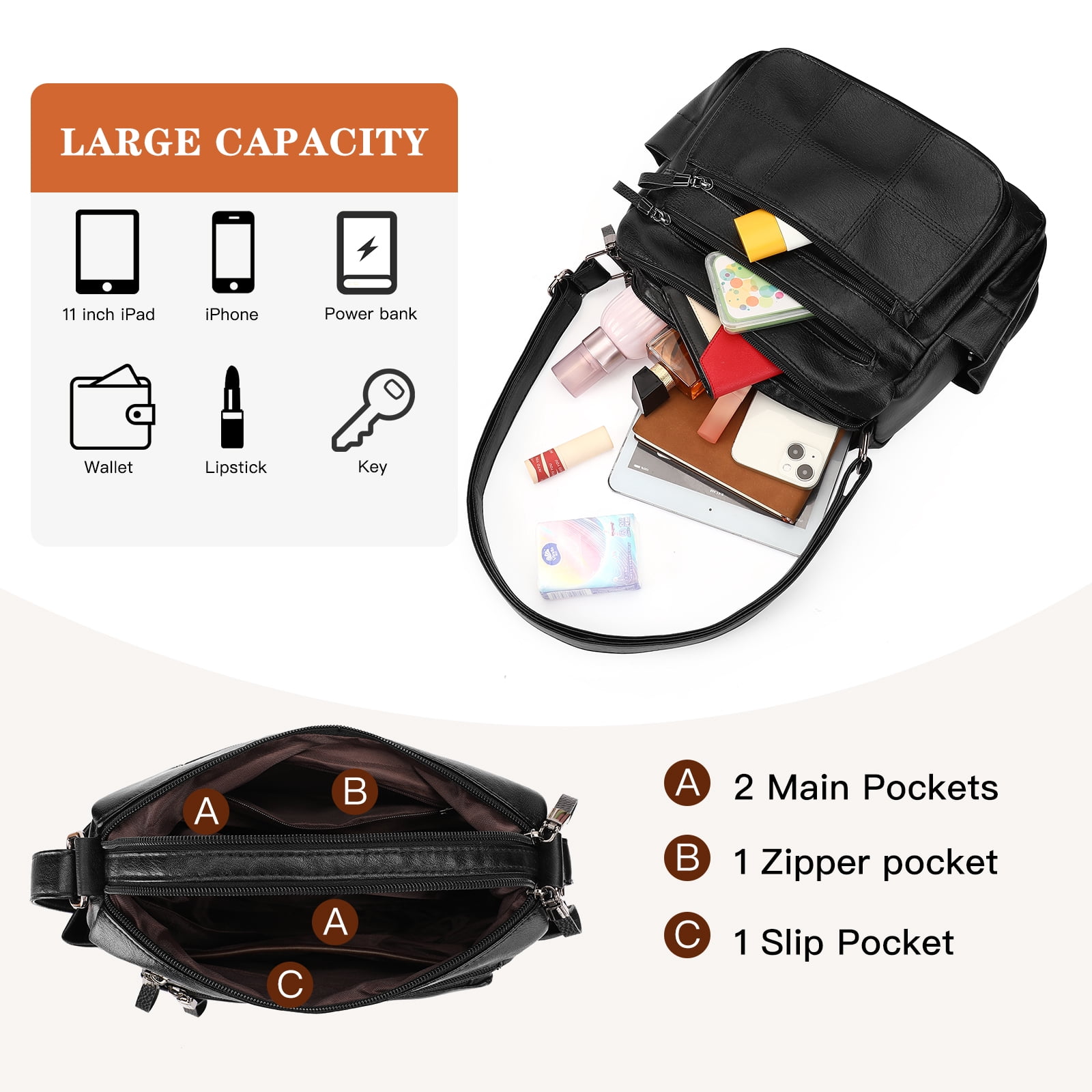 KALUNMA Purses for Women Pocketbooks Soft PU Leather Ladies Crossbody Purse Multi Pocket Shoulder Bag
