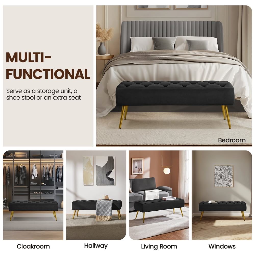 Yaheetech Velvet Upholstered Button Tufted Footstool Bench for Bedroom, Black