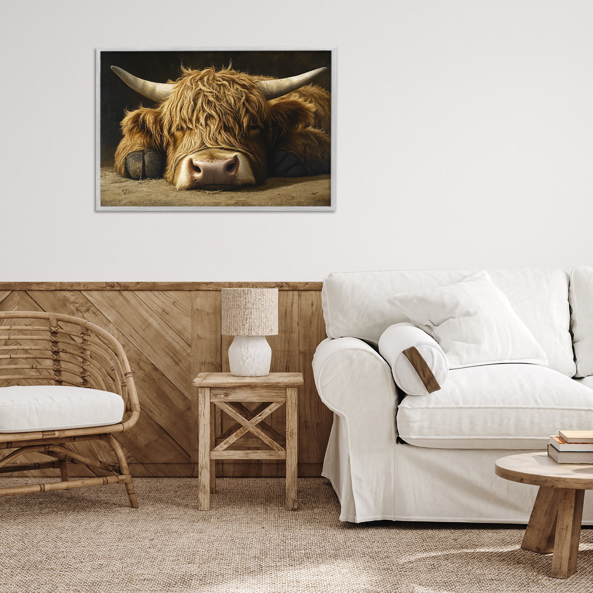 Stupell Industries Sleeping Highland Cow & Hoof Gray Framed Giclee Art, design by The Wands Want