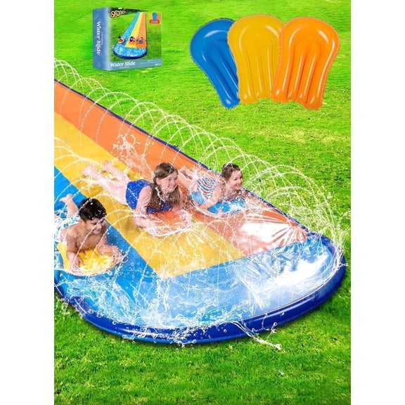 Joyfy 22.5ft Triple Water Slide and 3 Inflatable Boards, Backyard Summer Lawn Water Slides Waterslides and Sprinkler Water Toys for Kids Adults Outdoor Fun