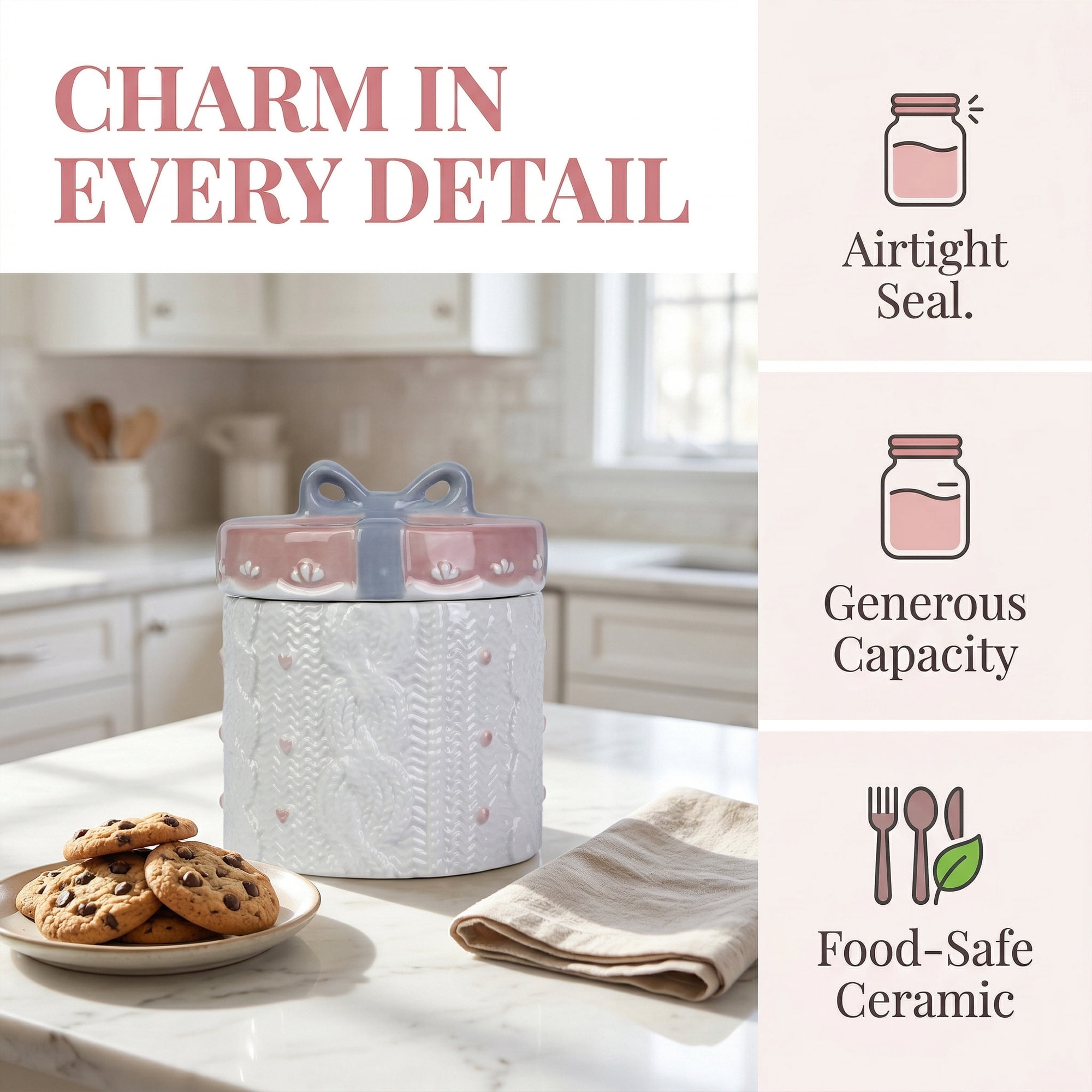 Unique Bargains Embossed Canister Set Ceramic Jar with Airtight Lid for Kitchen White