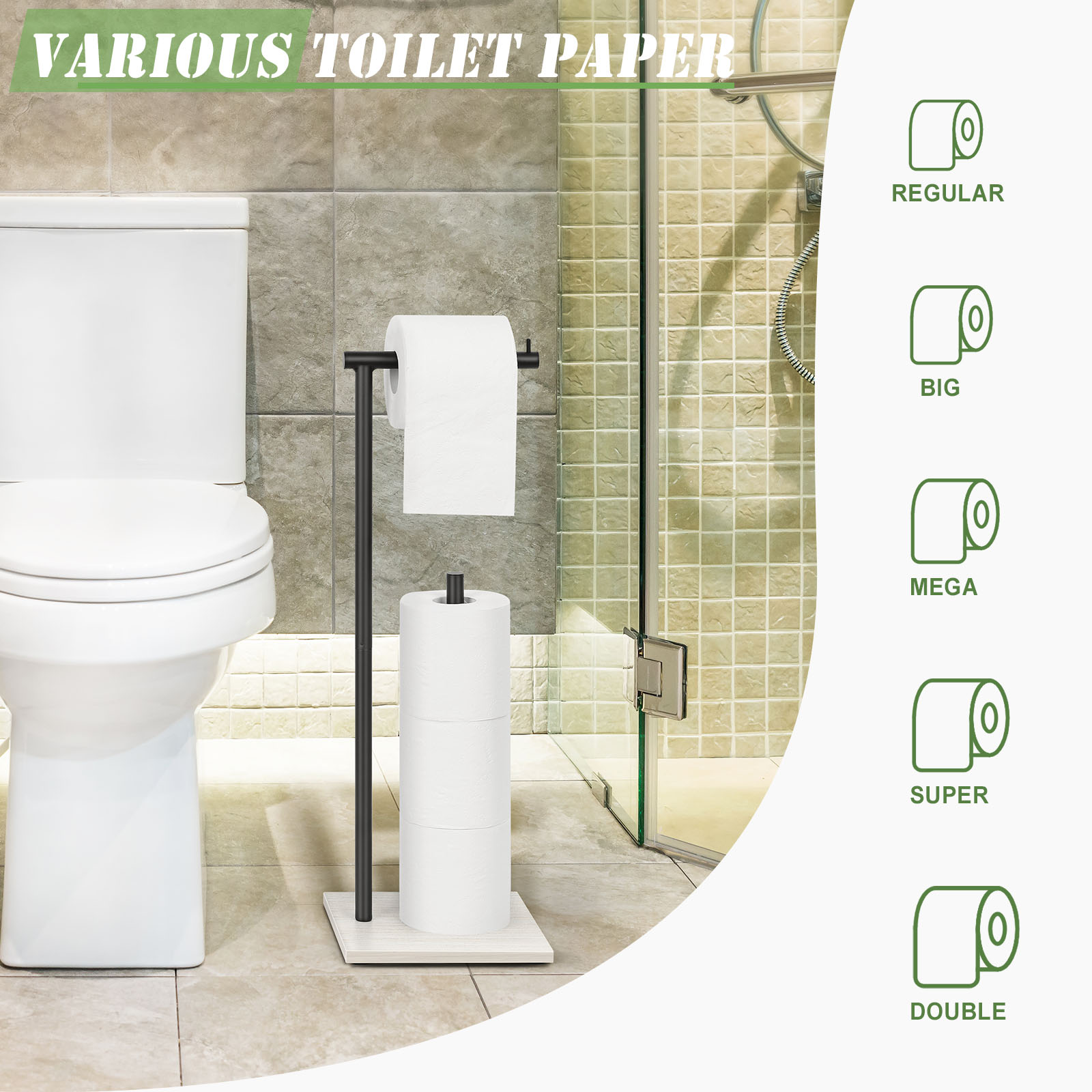 Free Standing Toilet Paper Holder with Wood Base, Black
