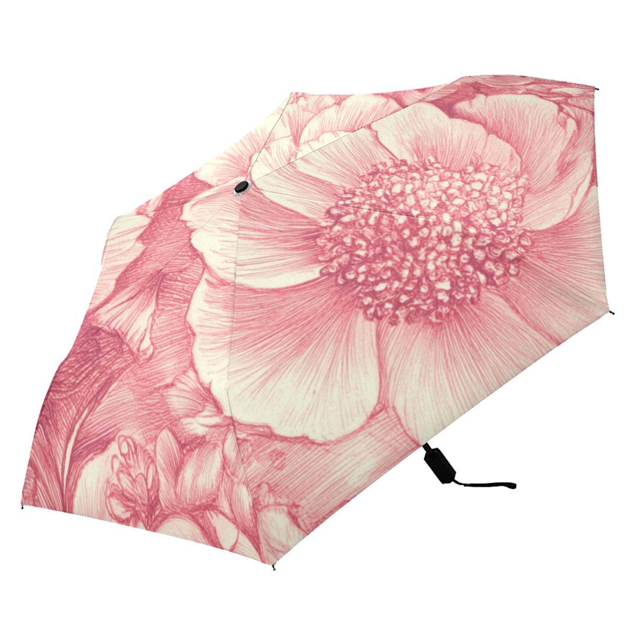 Pink Peonies Elegant All Weather Umbrella Triple Folding Parasol 6 Ribs UV Protection Portable