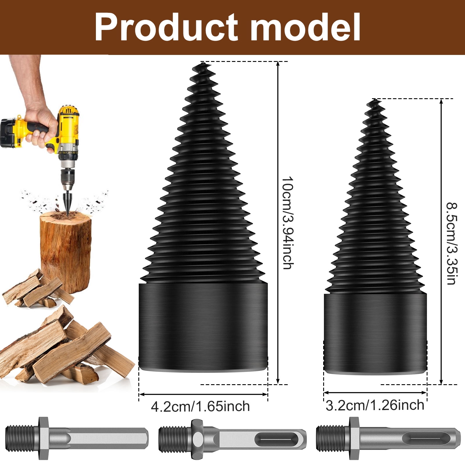 2Pcs Firewood Log Splitter 32mm 42mm High-Carbon Steel Wood Log Drill Bit with Hex/Round/Square Shank Titanium Coated Sturdy Wood Splitting Screw Cone for Electric Drill Camping