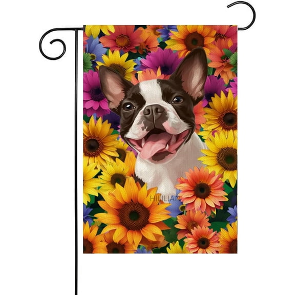 Sunflower Boston Terrier Dog Garden Flag, Double Sided Floral Welcome Yard Flag for Outdoor Use, 12 x 18 Inches