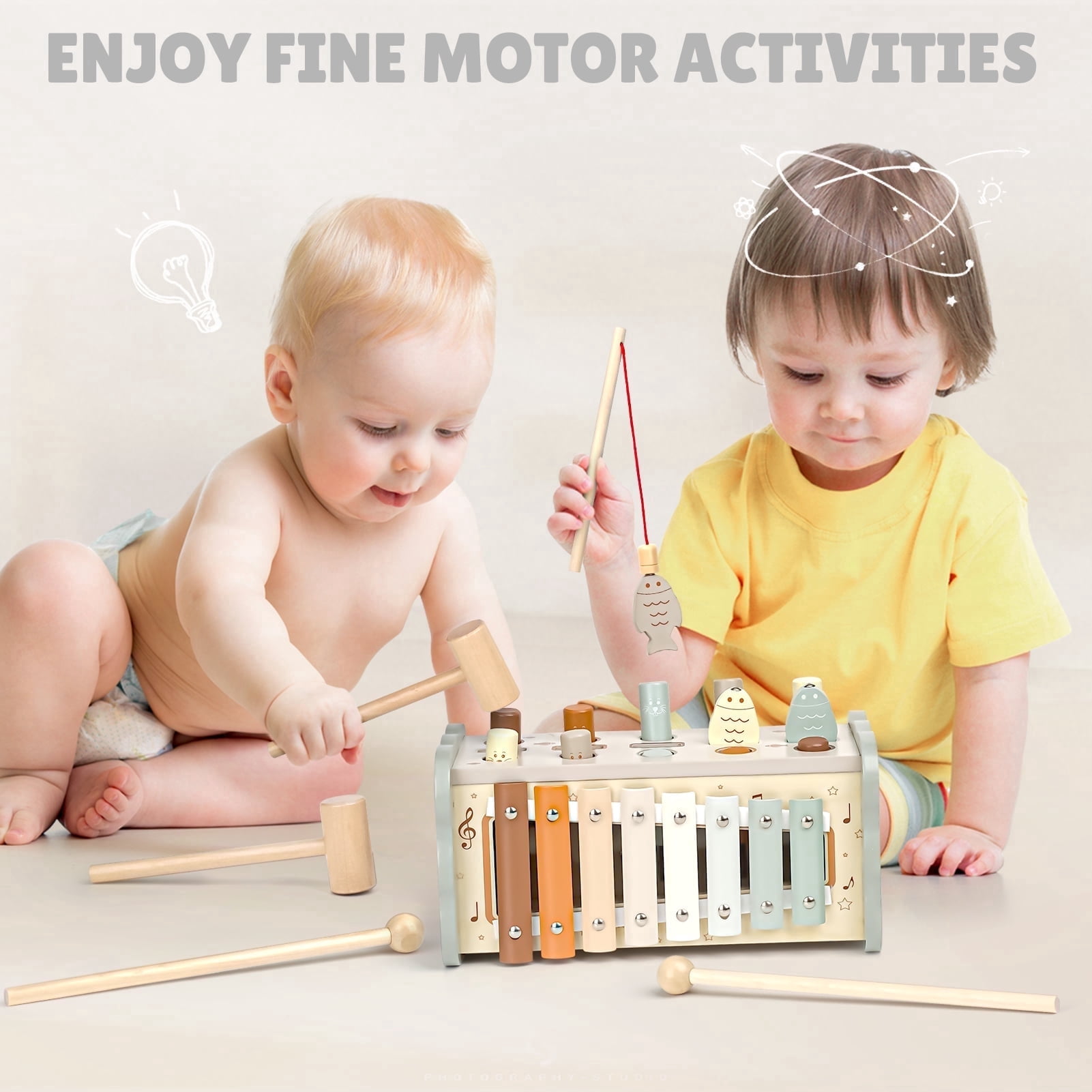 Joyreal Wooden Toys for 18 Months Plus – Tap Toy with Xylophone and Fishing Game, Educational Toddler Activity for 18+ Months, Christmas Birthday Gift