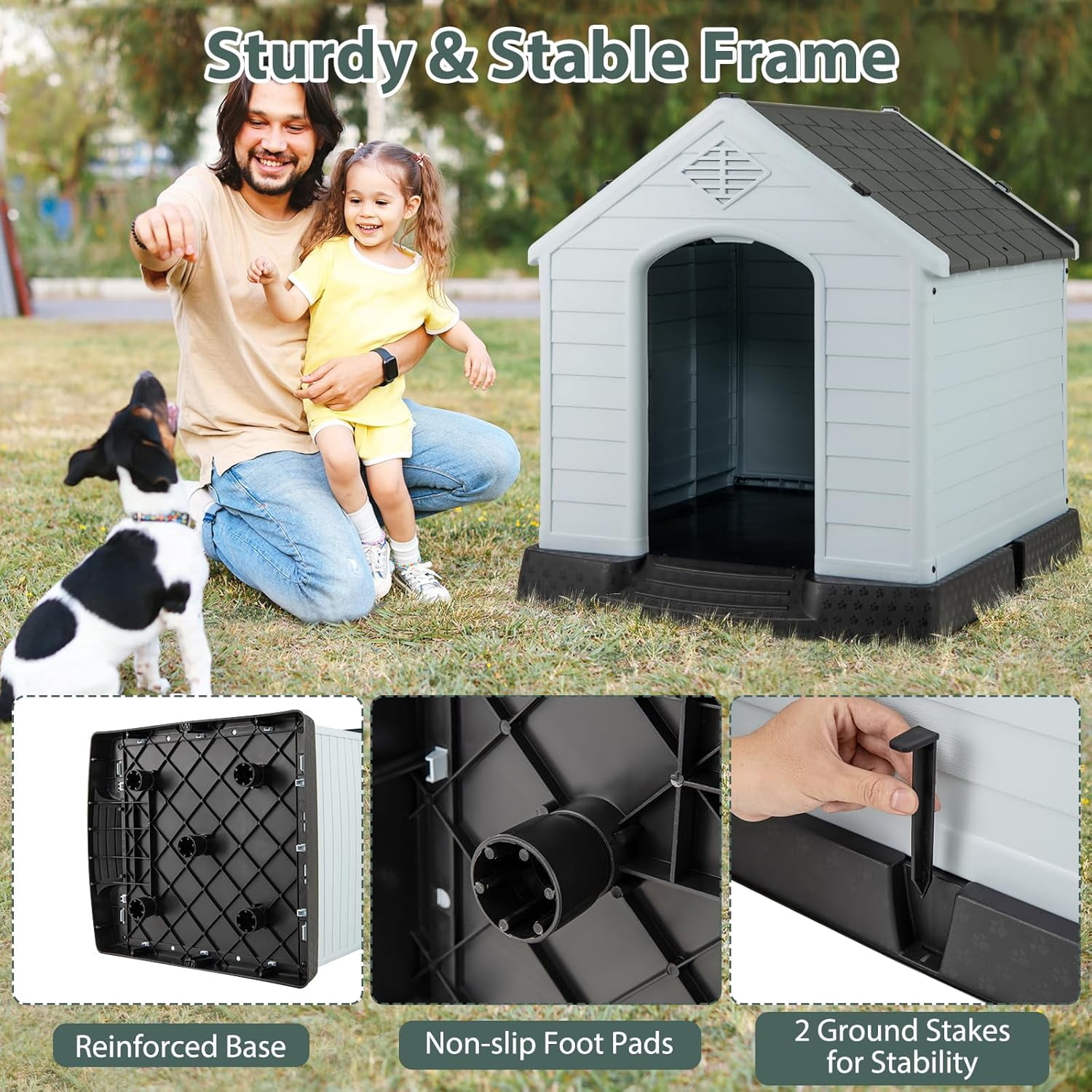 WSWJY Dog House for Medium Dogs, Waterproof Plastic Dog Houses with Air Vents and Elevated Floor, Easy to Assemble, Outdoor Cat House Feeding Station Indoor Patio Backyard Dog Kennel House, Gray