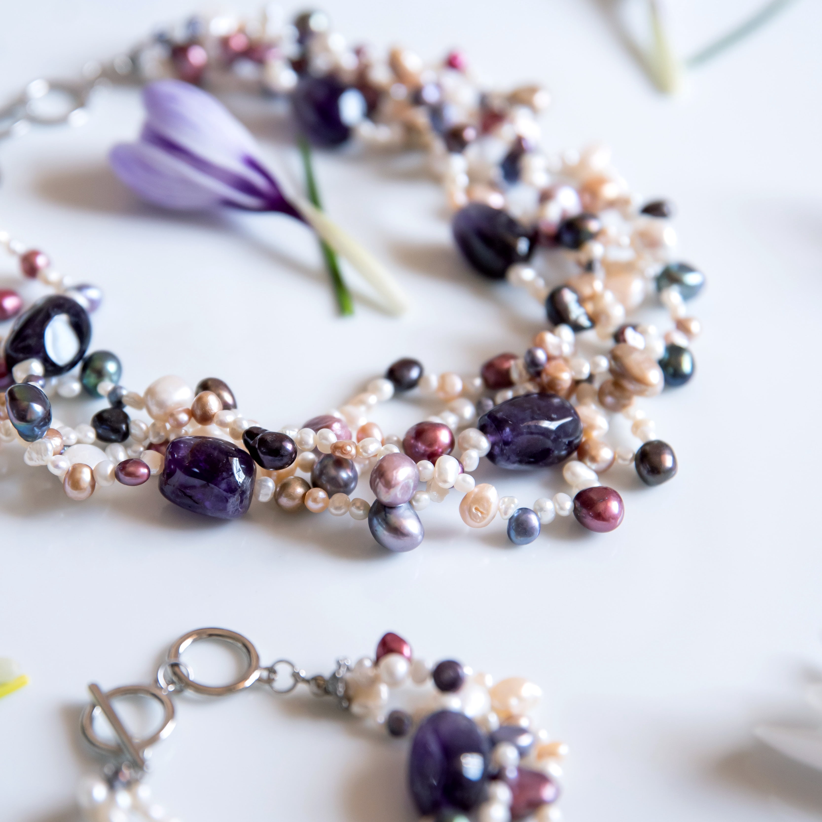 Elegant Multi-Strand Amethyst and Freshwater Pearl Torsade Statement Necklace with Toggle Clasp, 17 Inches Jewelry Necklace