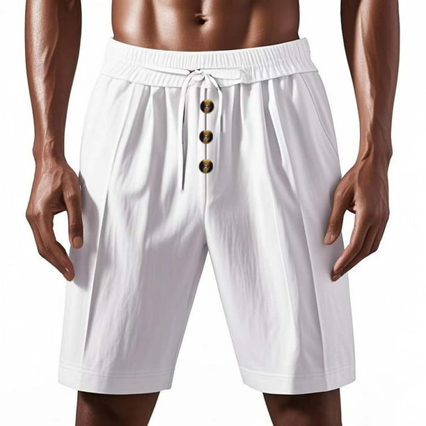 pstuiky Pantalones cortos para hombre, Pantalones cortos de lino con cintura elástica y botones de color liso para hombre, versátiles y a la moda. Pantalones cortos de golf