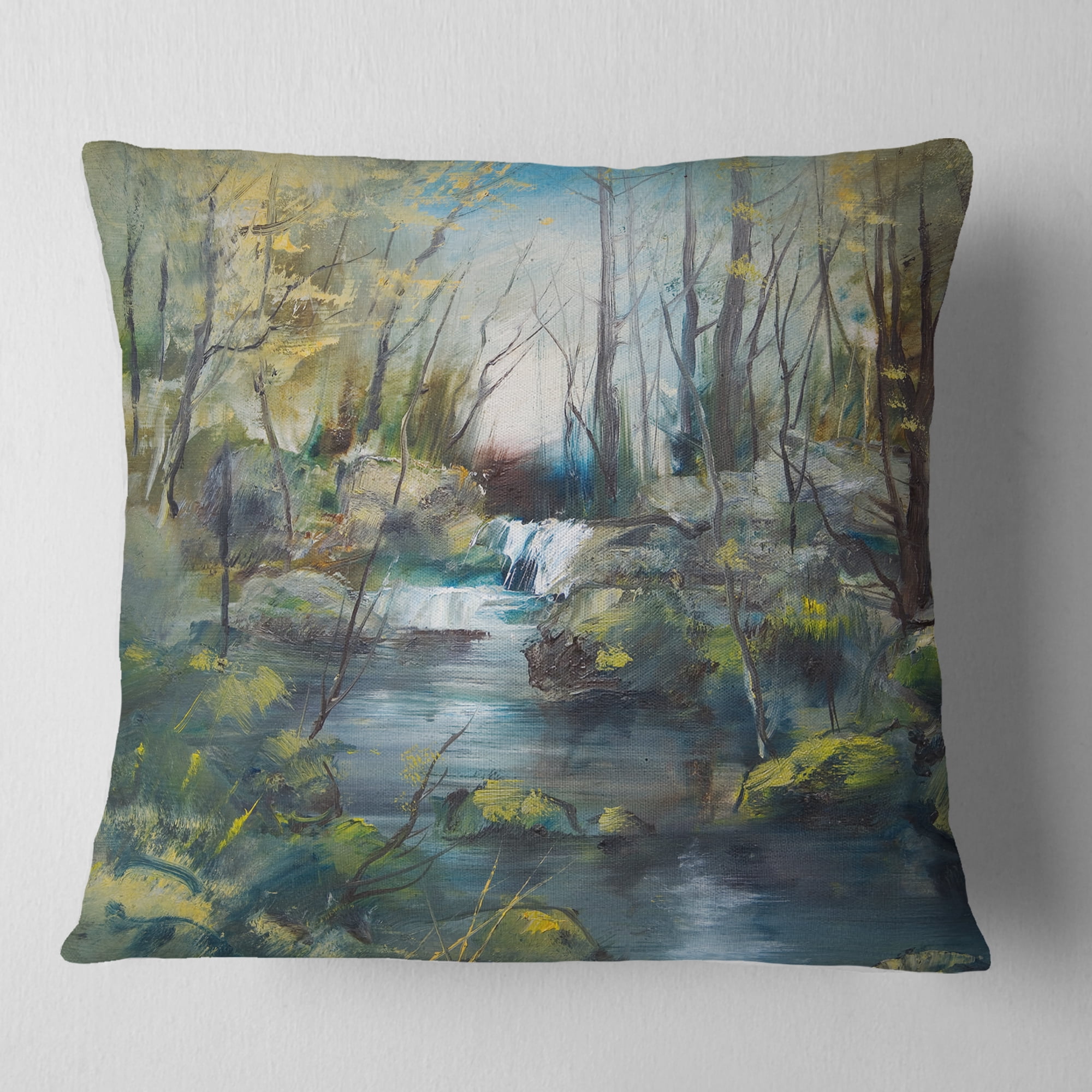 Designart Brook and Rocks Oil Painting - Landscape Painting Throw Pillow - 18x18