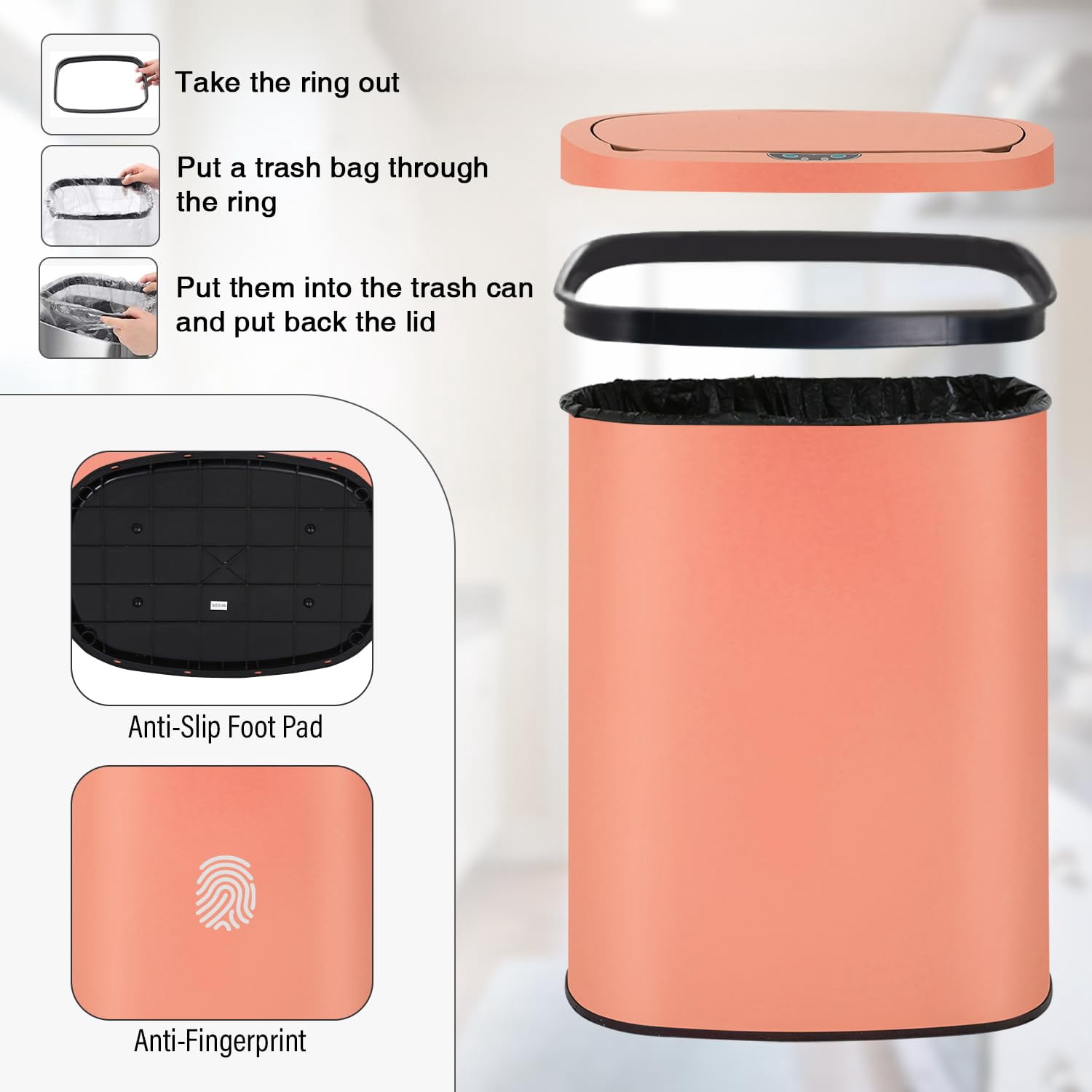 PayLessHere 13Gal Touchless Trash Can - Stainless Steel Auto Lid for Kitchen, Pink