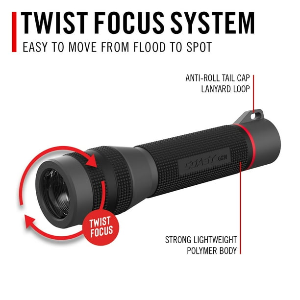 Coast GX30 2300 Lumen Rechargeable LED Flashlight - Waterproof, Dual Power, Twist Focus, 8.5 Inch
