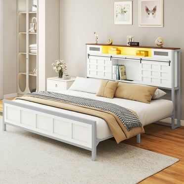 Dextrus King Bed Frame with Tall Storage, Charging Dock, LED Lights, and Sliding Door