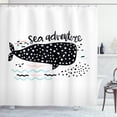 thumbnail image 1 of Adventure Nursery Shower Curtain, Sea Adventure Text with Hand Drawn Whale Shark Design, Fabric Bathroom Set with Hooks, 69W X 84L Inches Extra Long, Black Pale Pink and Pale Blue, by Ambesonne, 1 of 3