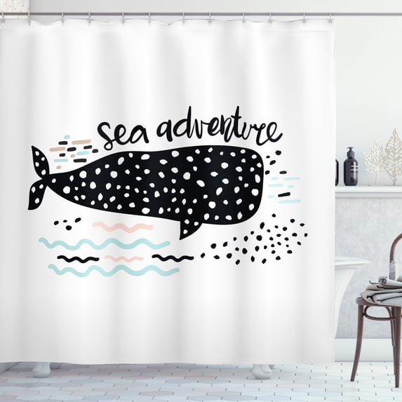 Adventure Nursery Shower Curtain, Sea Adventure Text with Hand Drawn Whale Shark Design, Fabric Bathroom Set with Hooks, 69W X 84L Inches Extra Long, Black Pale Pink and Pale Blue, by Ambesonne