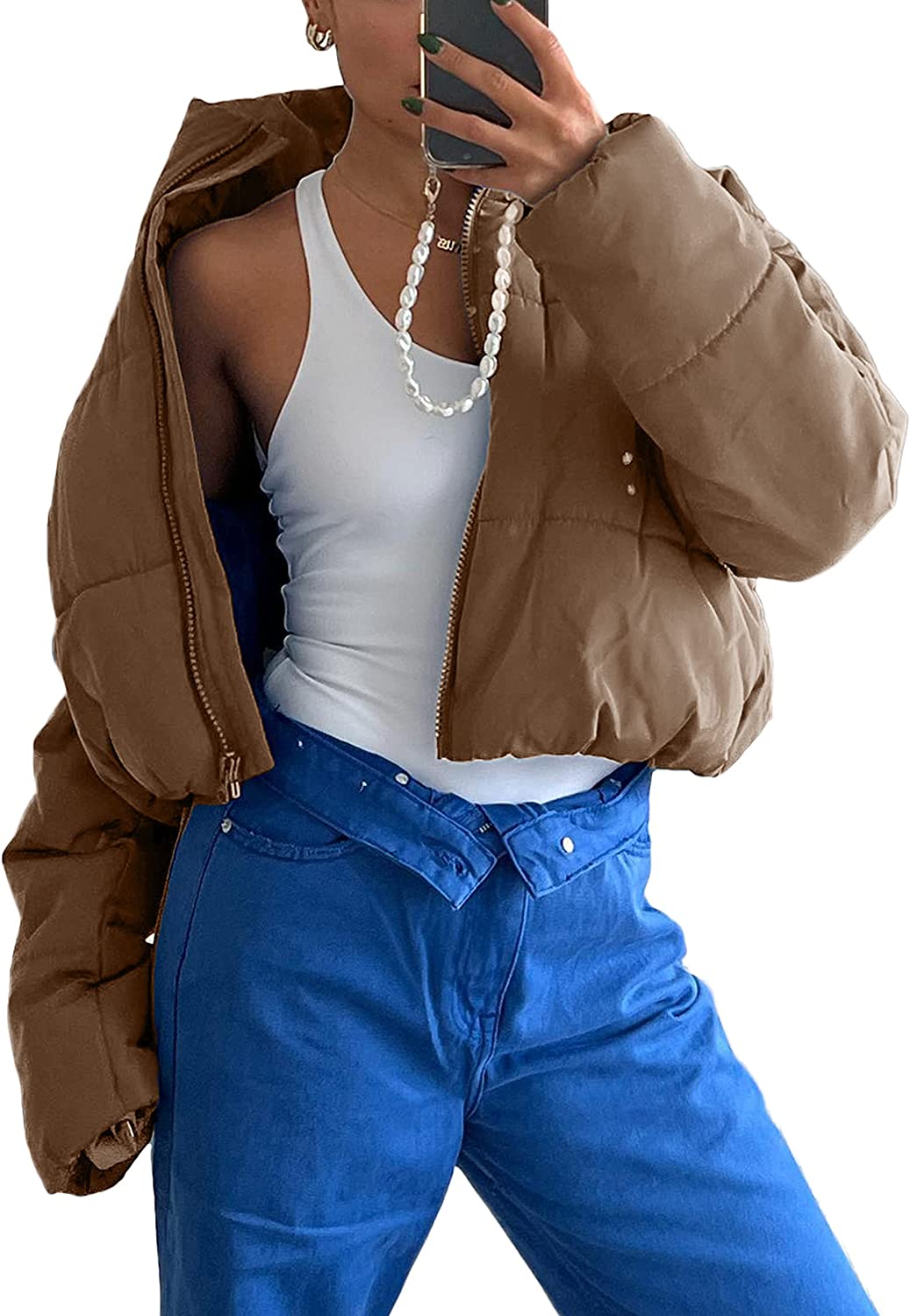 PIKADINGNIS Women's Cropped Puffer Jacket High Neck Zip Up Long Sleeve