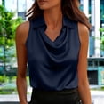 thumbnail image 2 of Satin Silk Tank Tops Sleeveless Collared Cowl Neck Camisole Shirts Dressy Casual Business Work Office Shirts Outfits Elegant Ruched Camisole Top Lightweight Basic Layered Satin Top Dark Blue L, 2 of 4