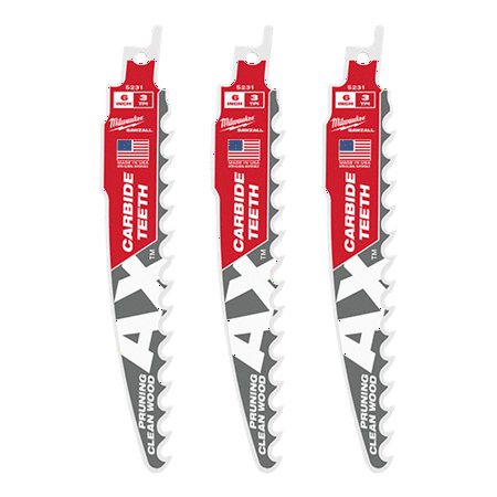 

Milwaukee-48-00-5331 6in. 3 TPI The AX with Carbide Teeth for Pruning And Clean Wood SAWZALL Blade 3PK