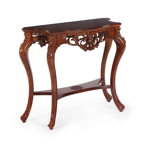 Fnova 37.6" Vintage Console Table, Two-Tier Engineered Wood Entryway Sofa Table with Hollow Floral Apron for Entryway Hallway Living Room Foyer Decor